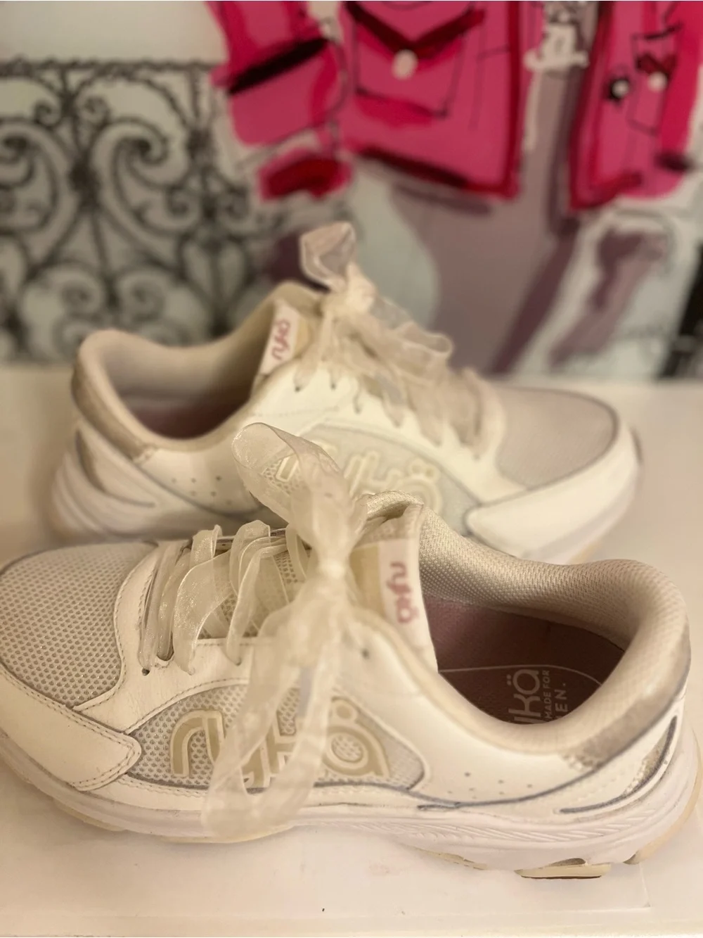 Ryka Women's White Mesh & Leather Sneakers with Champagne Gold Accents - 9.5W